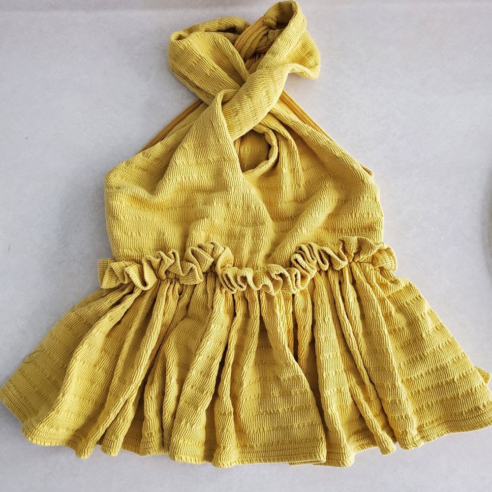 LOST‎ INK Yellow Peplum Textured Ruffle Twisted Halter Neck Top Womens XXS